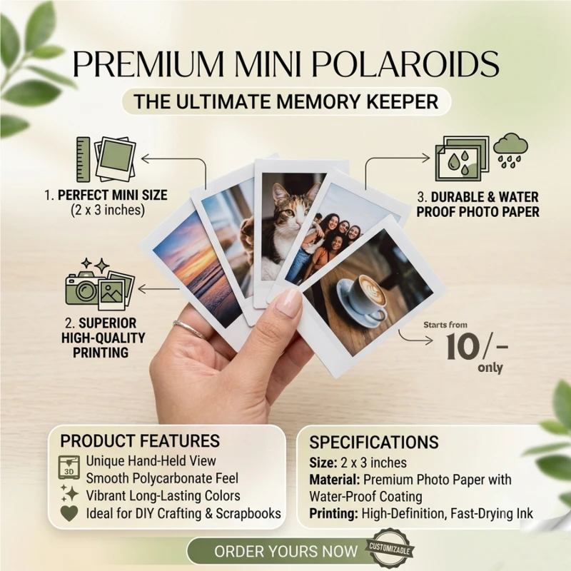 Premium Mini Polaroid Prints (2x3 Inch) | Waterproof Custom Photo Printing | Pack of 25