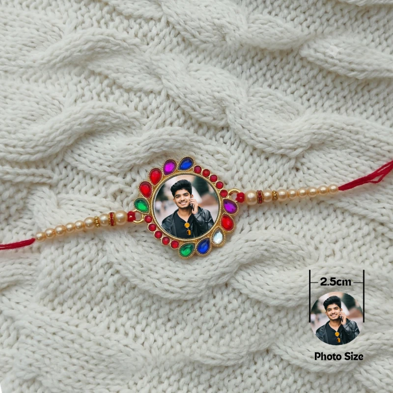 Personalized Photo Rakhi with Vibrant Multicolour Stone Border and Pearl Beads