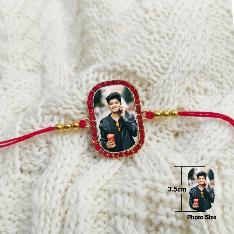 Personalized Photo Rakhi with Rectangular Red Stone Border and Golden Beads